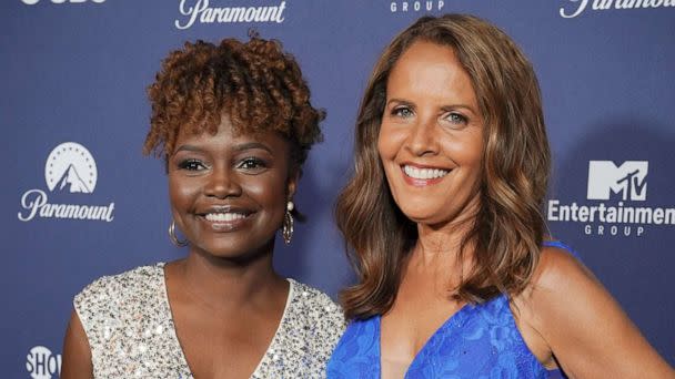 PHOTO: Karine Jean-Pierre and Suzanne Malveaux at the Paramount White House Correspondents' Dinner after party at the French Ambassador's residence, in Washington, D.C., April 30, 2022.  (Mary Kouw/CBS via Getty Images, FILE)