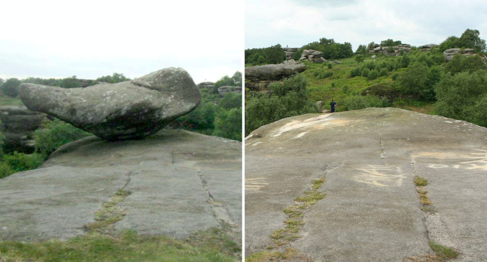 <em>One of the balancing stones (left) was toppled off its perch (right) by the youths (SWNS)</em>