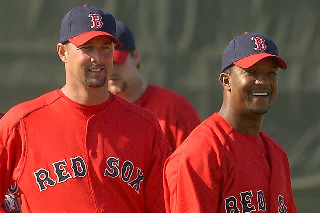 <p>Michael Seamans/MediaNews Group/Boston Herald via Getty </p> Tim Wakefield and Pedro Martinez on Feb. 15, 2023