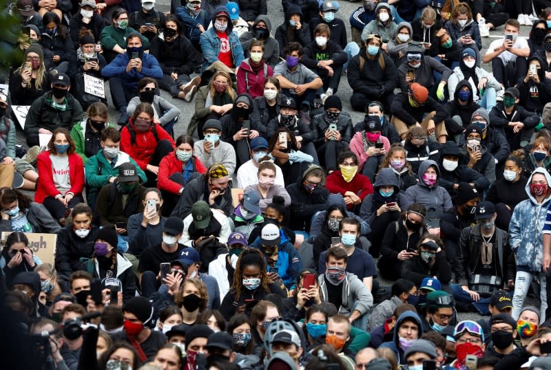 Seattle Mayor Durkan addresses the crowd as protesters rally against the death in Minneapolis police custody of George Floyd, in Seattle