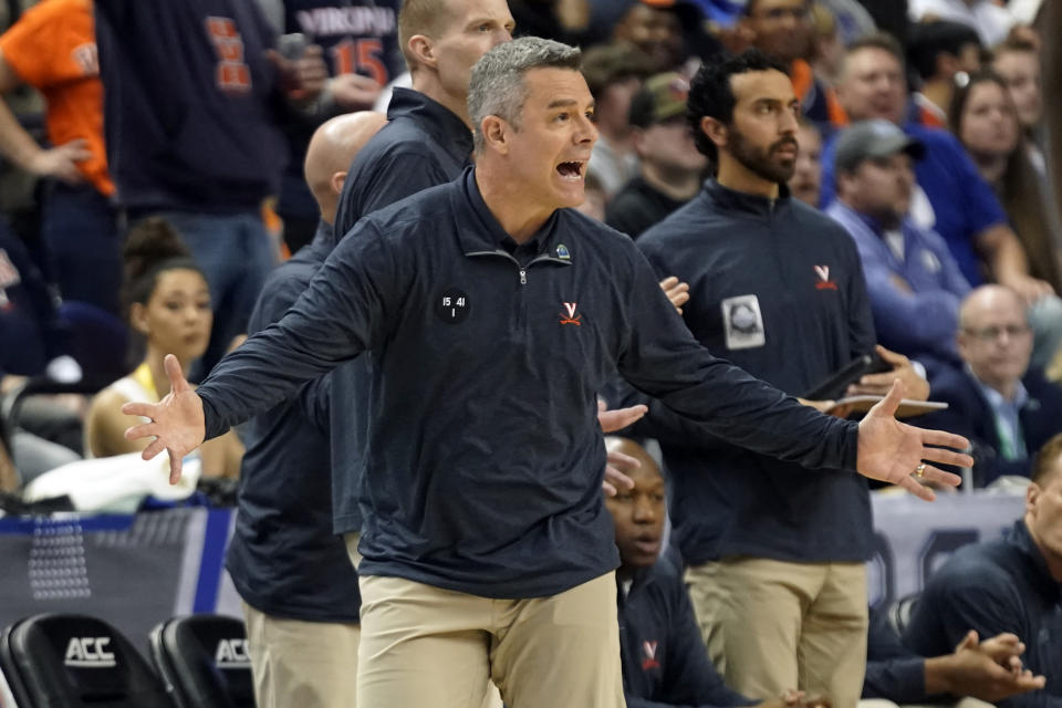 Virginia head coach Tony Bennett reacts to a call during the first half of an NCAA college basketball game against Duke for the championship of the Atlantic Coast Conference tournament in Greensboro, N.C., Saturday, March 11, 2023. (AP Photo/Chuck Burton)