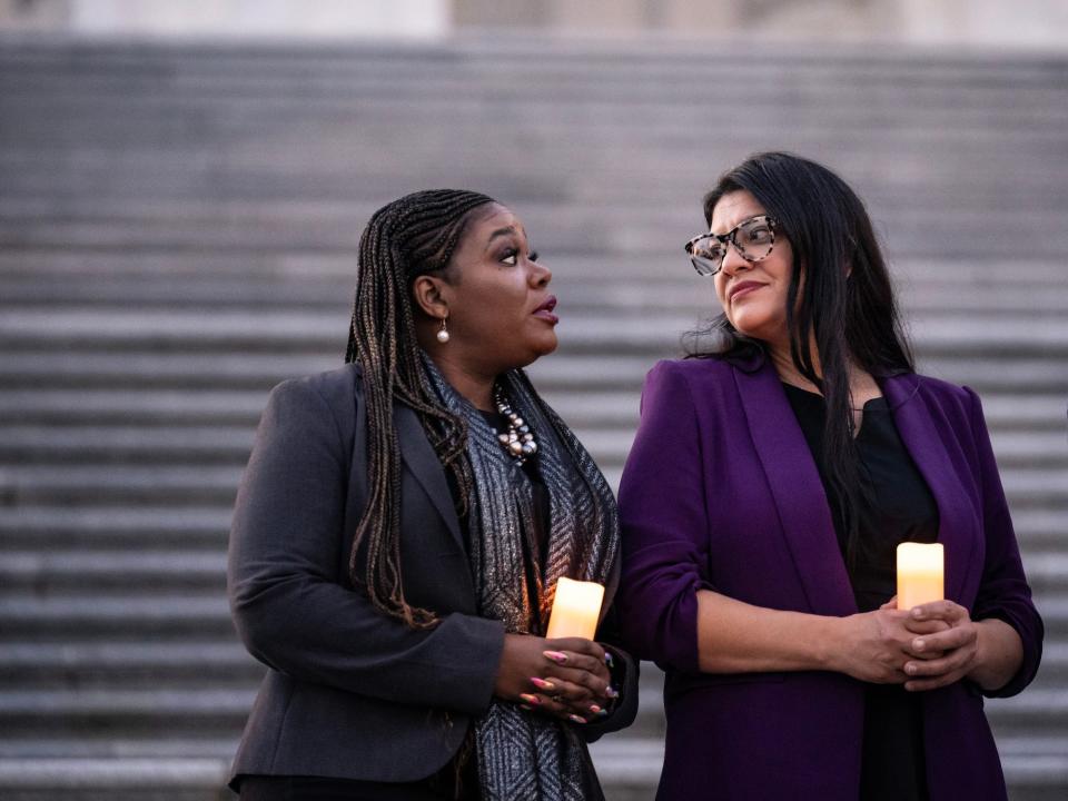 Reps. Cori Bush and Rashida Tlaib on the Capitol steps on November 7, 2023.