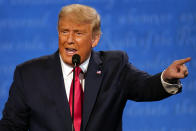 President Donald Trump speaks during the second and final presidential debate Thursday, Oct. 22, 2020, at Belmont University in Nashville, Tenn., with Democratic presidential candidate former Vice President Joe Biden. (AP Photo/Julio Cortez)