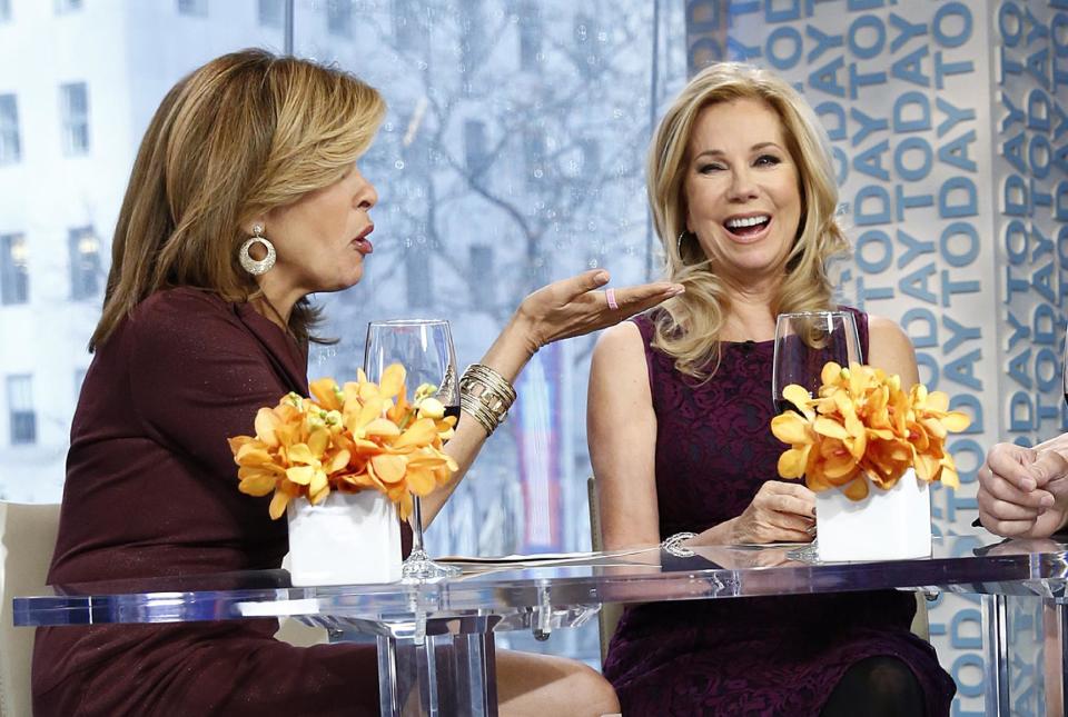 This Jan. 7, 2014 photo released by NBC shows co-hosts Hoda Kotb, left, and Kathie Lee Gifford on the fourth hour of the "Today" show in New York. Gifford has launched her own wine label offering Gifft chardonnay and a Gifft red blend. In an interview to promote her new Gifft wines Tuesday, April 1, Gifford said that NBC has asked her not to plug her chardonnay and red blend on the show. (AP Photo/NBC, Peter Kramer)