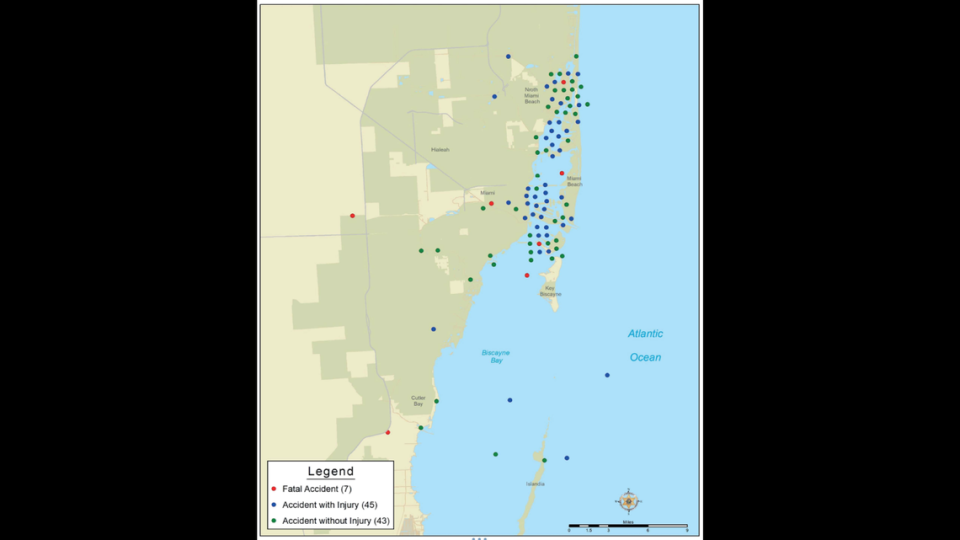 Map of known locations of boat accidents in Miami-Dade County in 2021.