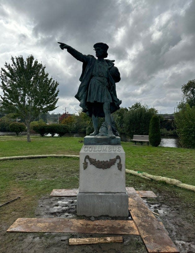 Providence's former statue of Italian explorer Christopher Columbus now has a home in Johnston's Memorial Park.