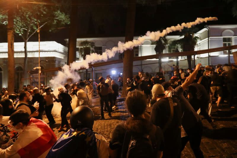 Demonstrators hold a rally to protest against a bill on "foreign agents", in Tbilisi