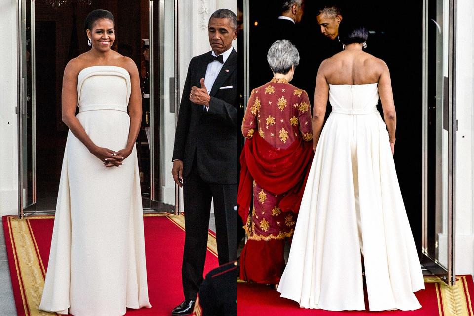 <p>At the 2016 state dinner for Singapore wearing Brandon Maxwell.</p> <p>See Michelle Obama’s 2016 <a rel="nofollow noopener" href="http://www.vanityfair.com/style/2016/10/michelle-obama-state-dinner-gown?mbid=synd_yahoostyle" target="_blank" data-ylk="slk:showstopper of a state dinner gown here;elm:context_link;itc:0;sec:content-canvas" class="link ">showstopper of a state dinner gown here</a>.</p>