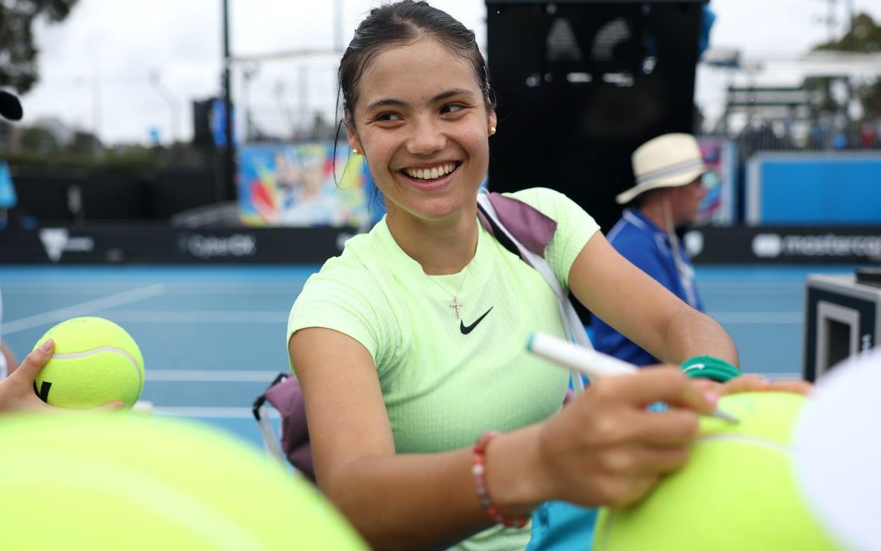 A confident Emma Raducanu signs autographs for fans in Melbourne