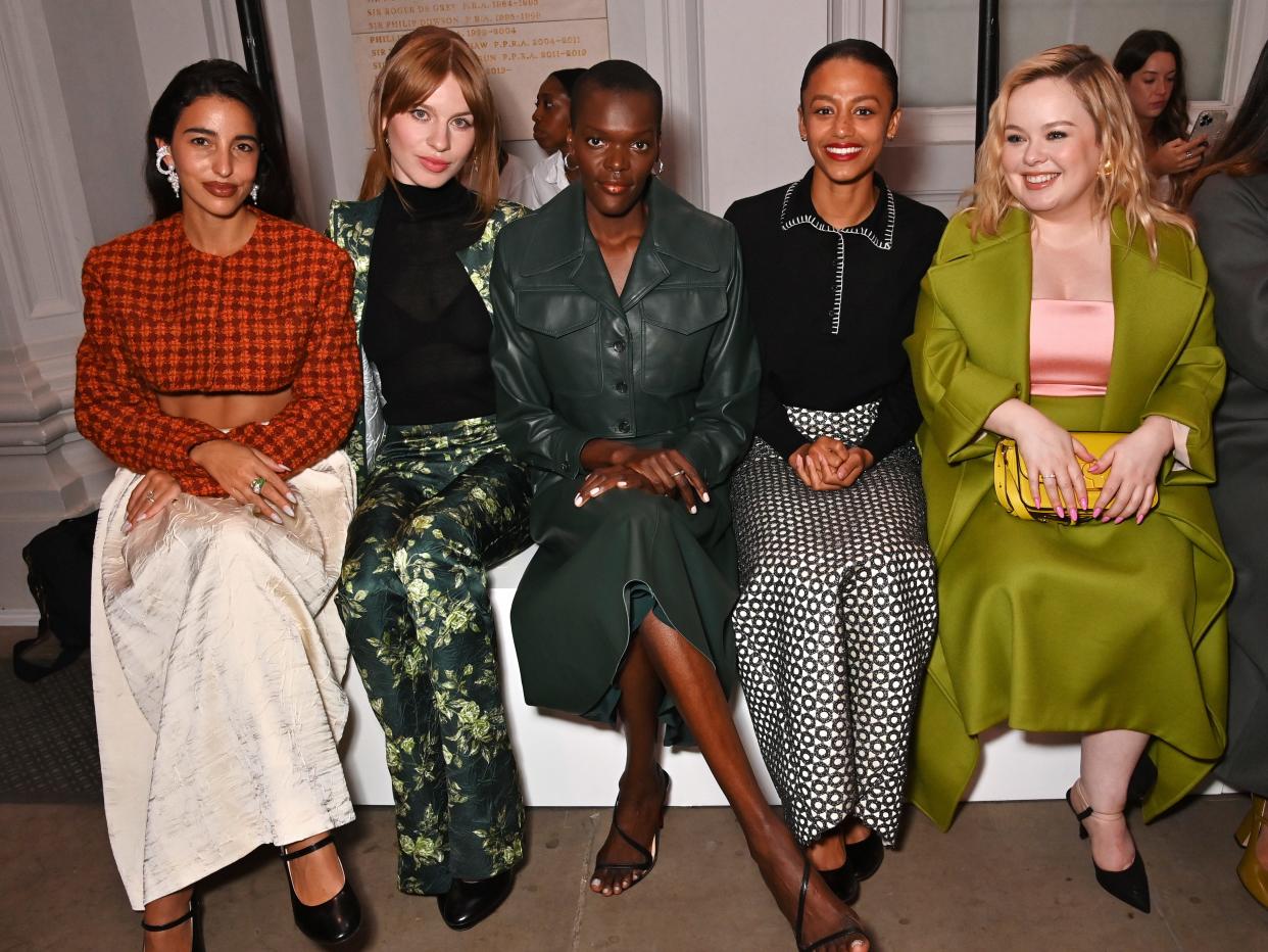 Bettina Looney, Ivy Getty, Sheila Atim, Shalom Brune-Franklin and Nicola Coughlan attend the Emilia Wickstead show during London Fashion Week September 2023.