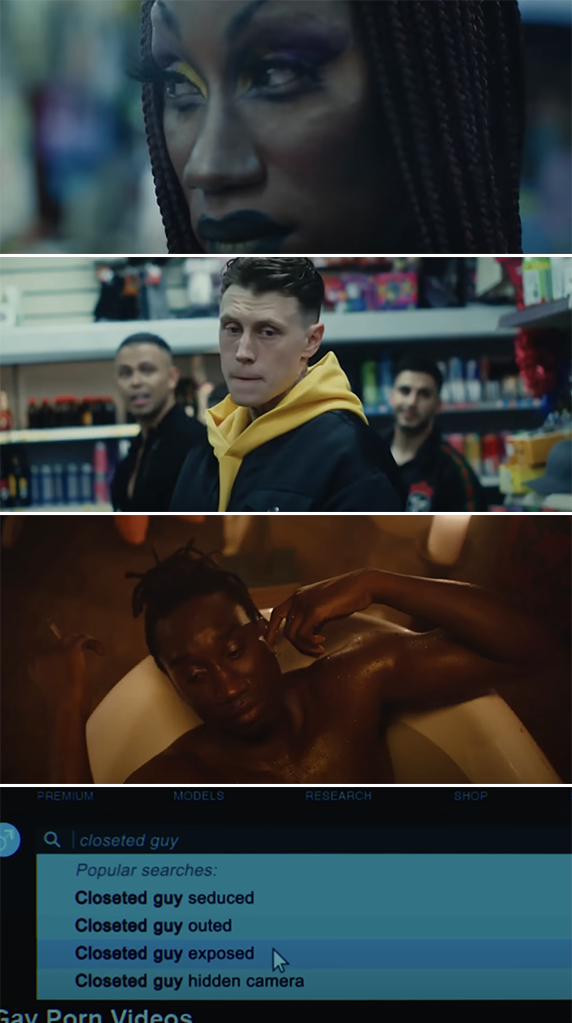 Three scenes: a close-up of a person's face with braided hair, a group of young people in a store, and a person bathing. A search page shows terms related to a closeted guy