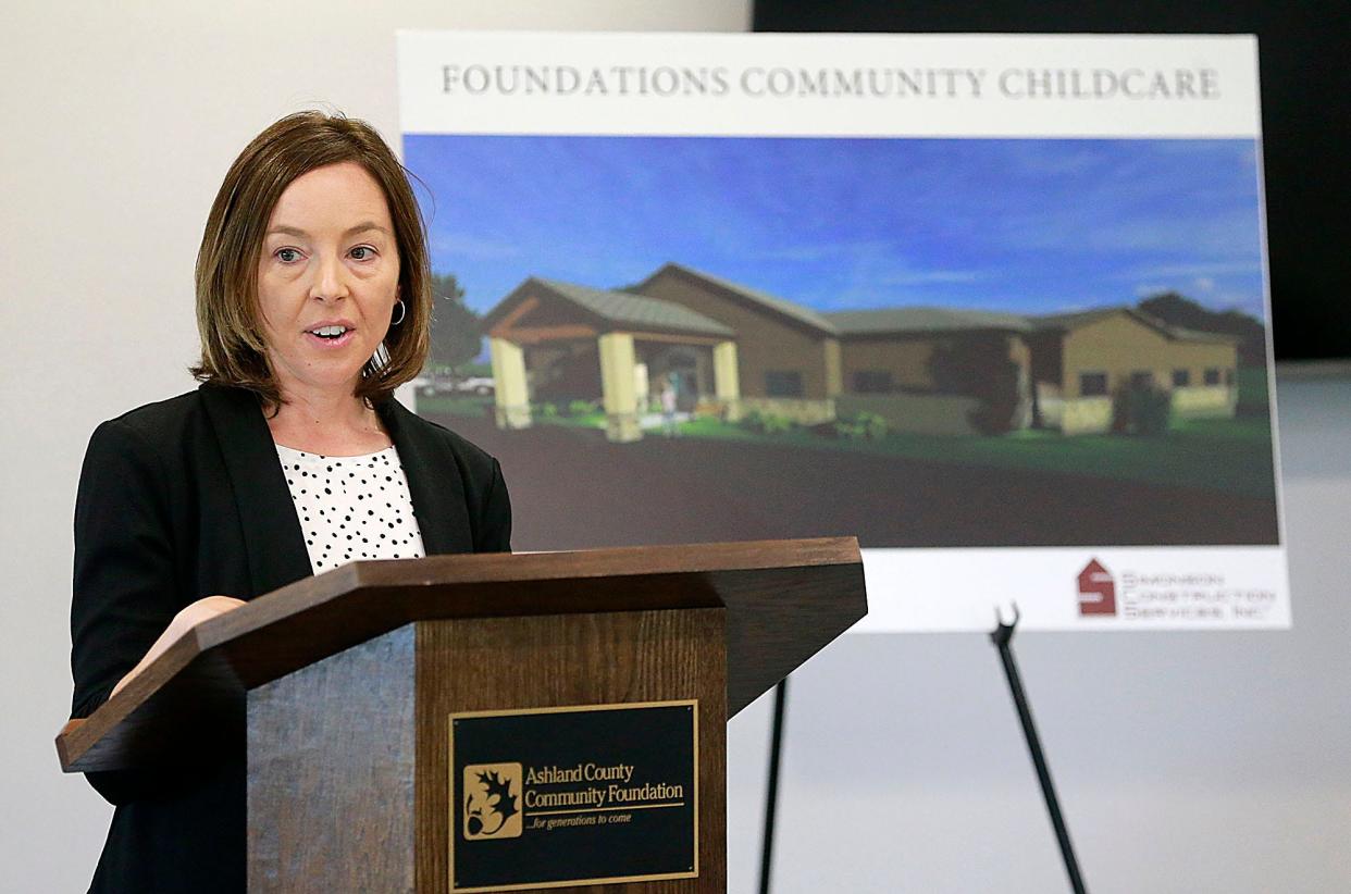 Kristin Aspin speaks at the "Month of Giving" for the Women's Fund Childcare Initiative kickoff event held at SJE. The Women's Fund of the Ashland County Community Foundation kicked off its fundraising campaign for a new childcare center at the Ashland Business Park.. TOM E. PUSKAR/TIMES-GAZETTE.COM