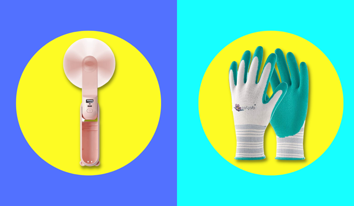 handheld fan and gardening gloves