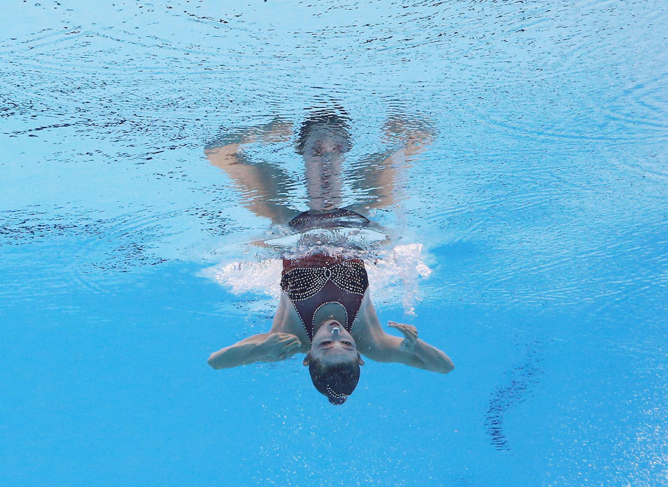 <p>Yon Hae Min of North Korea competes in the synchronized Women’s Solo Technical Final at the 17th FINA World Aquatics Championships in, Budapest, Hungary, July 15, 2017. (Photo: Michael Dalder/Reuters) </p>