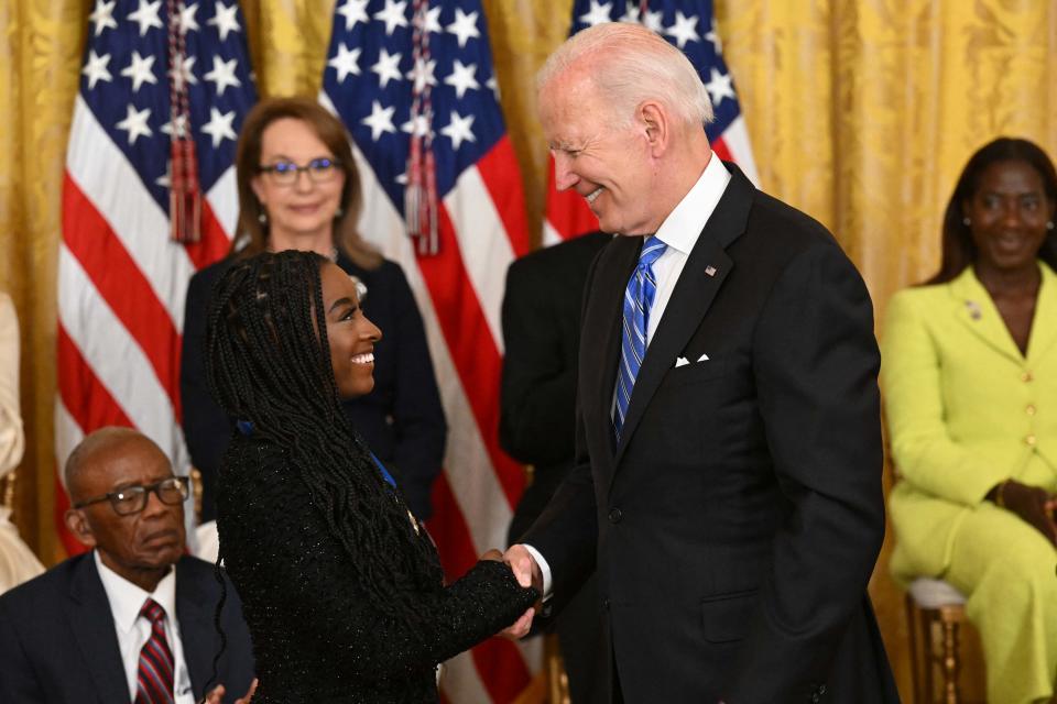 "Everyone stops everything every time she is on camera just to watch," President Joe Biden said of Simone Biles.