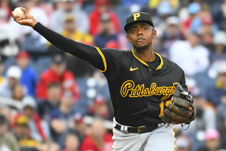 Pittsburgh Pirates third baseman Ke'Bryan Hayes throws to first base for an out during the first inning of an opening-day baseball game against the Washington Nationals at Nationals Park, Monday, April 1, 2024, in Washington. (AP Photo/John McDonnell)