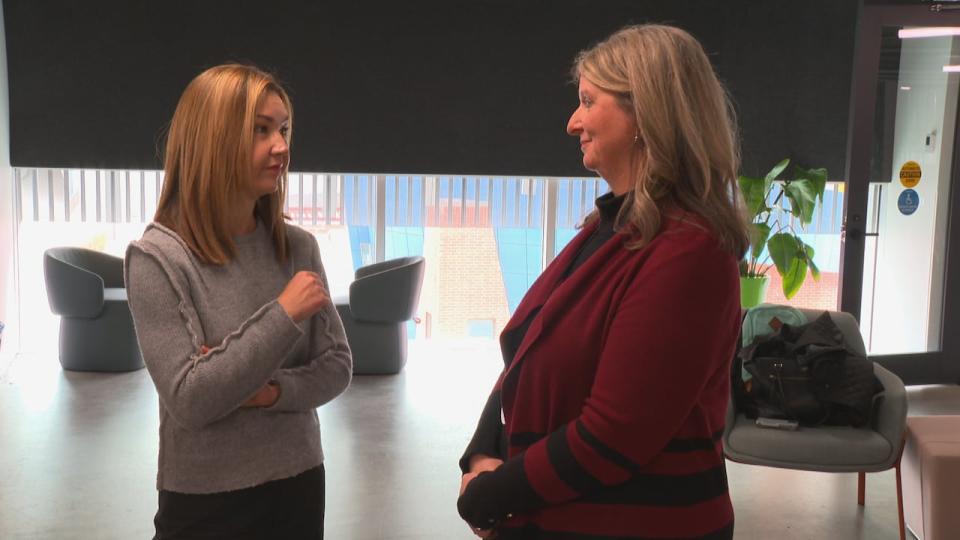 Left, Downtown Denver Partnership CEO Kourtny Garrett and to the right Sheryl McMullen with Calgary's Downtown Strategy talk after a session in the Platform Innovation Centre in Calgary on April 30, 2024.