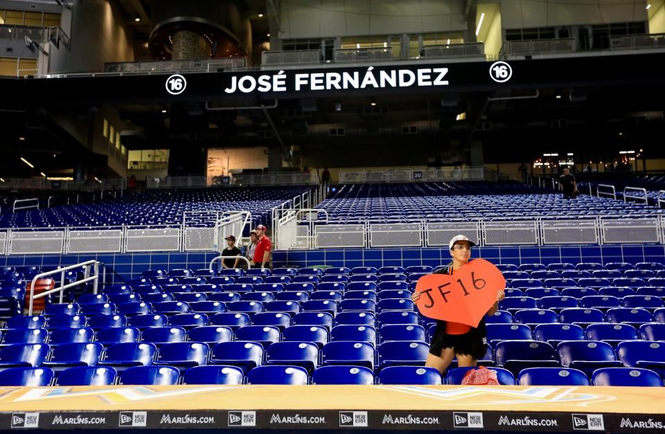 <p>A fan holds a sign in honor of late Miami Marlins pitcher Jose Fernandez before the game between the Miami Marlins and the New York Mets at Marlins Park on September 26, 2016 in Miami, Florida. (Photo by Rob Foldy/Getty Images) </p>