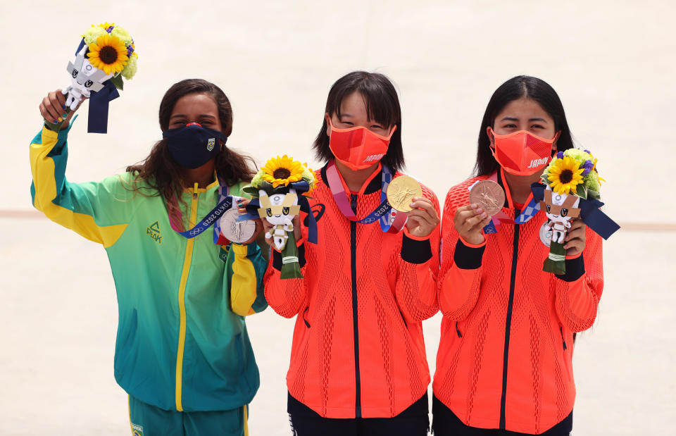 Rayssa Leal of Team Brazil and Momiji Nishiya and Funa Nakayama of Team Japan on July 26, 2021.  / Credit: Ezra Shaw/Getty