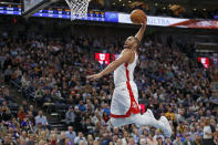 Houston Rockets guard Eric Gordon (10) goes to the basket following the whistle after a foul in the first half during an NBA basketball game against the Utah Jazz, Monday, Jan. 27, 2020, in Salt Lake City. (AP Photo/Rick Bowmer)