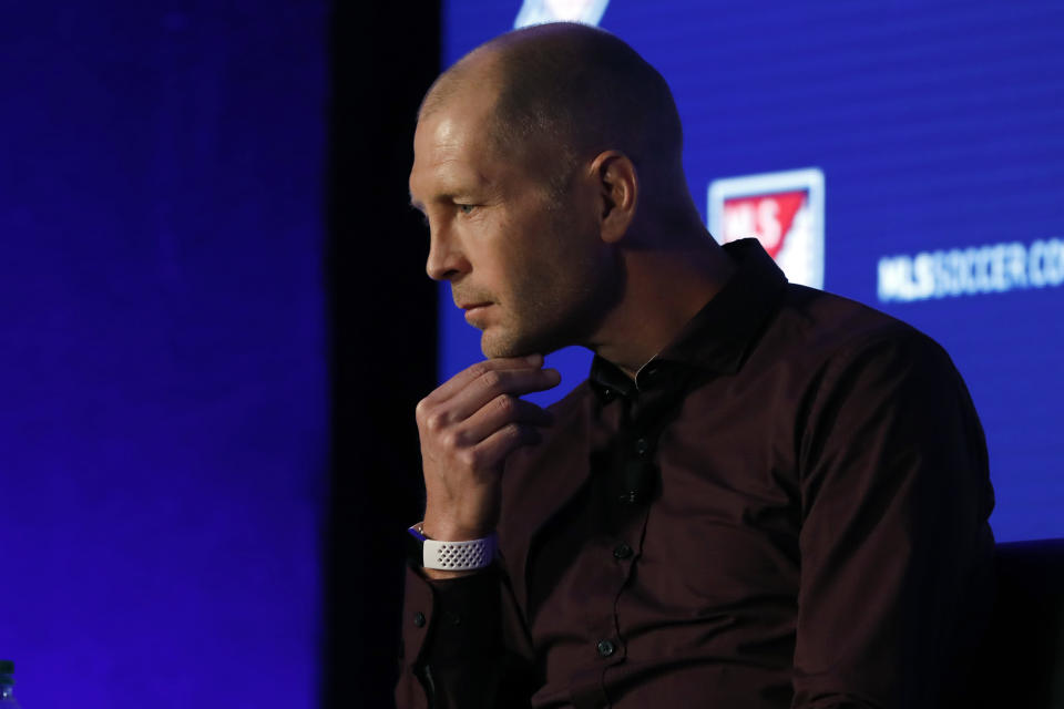 U.S. Men's National Team head coach Gregg Berhalter speaks during the Major League Soccer 25th Season kickoff event in New York, Wednesday, Feb. 26, 2020. (AP Photo/Richard Drew)