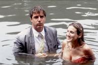 <p>In season 3, episode 18 titled, "Cock-a-Doodle-Do" Carrie and Big fall into the Central Park boating pond. In <a href="https://www.amazon.com/Sex-City-Kiss-Amy-Sohn/dp/B001IV5W26/?tag=syn-yahoo-20&ascsubtag=%5Bartid%7C2139.g.34426263%5Bsrc%7Cyahoo-us" rel="nofollow noopener" target="_blank" data-ylk="slk:Sex and the City: Kiss and Tell;elm:context_link;itc:0;sec:content-canvas" class="link "><u><em>Sex and the City: Kiss and Tell</em></u></a>, Parker reveals they did the fall in one take. She also cut her foot while filming the scene — <span class="redactor-invisible-space"> having to get a </span>tetanus shot right after they finished. </p>