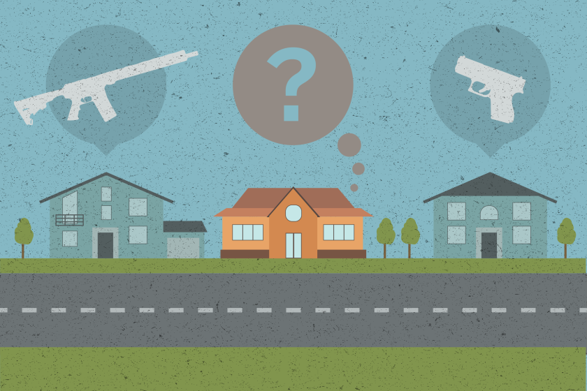 Illustration of a home with a question mark above it in between two homes with guns above them.