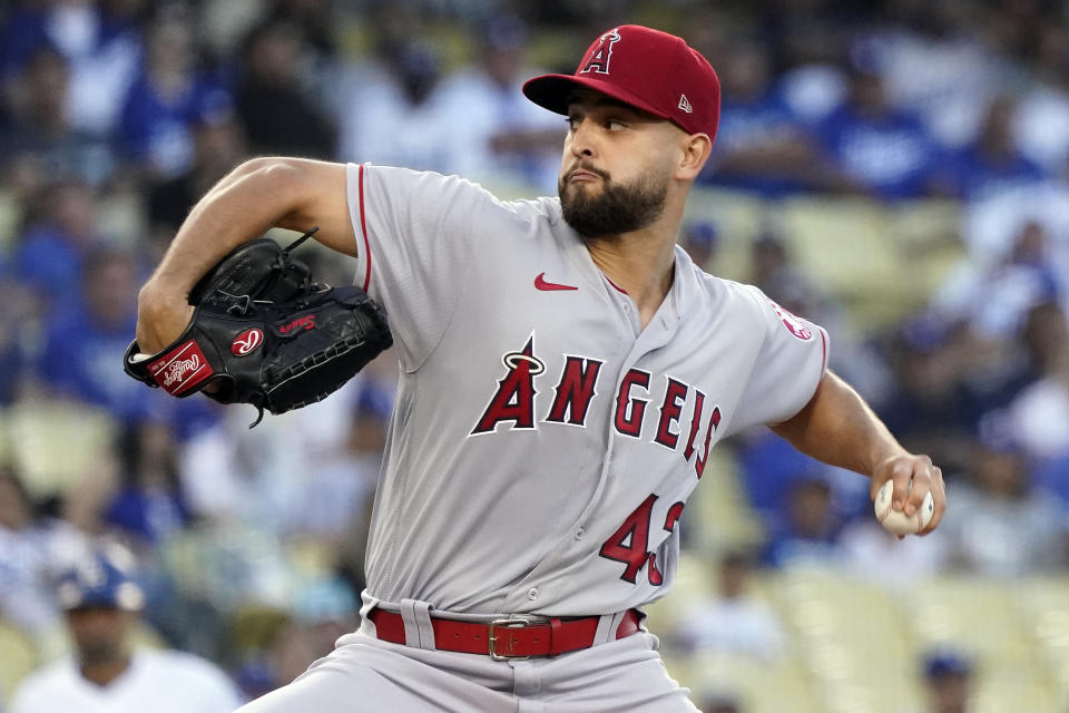 Los Angeles Angels starting pitcher Patrick Sandoval throws to the Los Angeles Dodgers during the first inning of a baseball game Friday, Aug. 6, 2021, in Los Angeles. (AP Photo/Marcio Jose Sanchez)