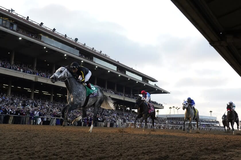 Joel Rosario rides Knicks Go, left, to victory during the Breeders' Cup Classic.