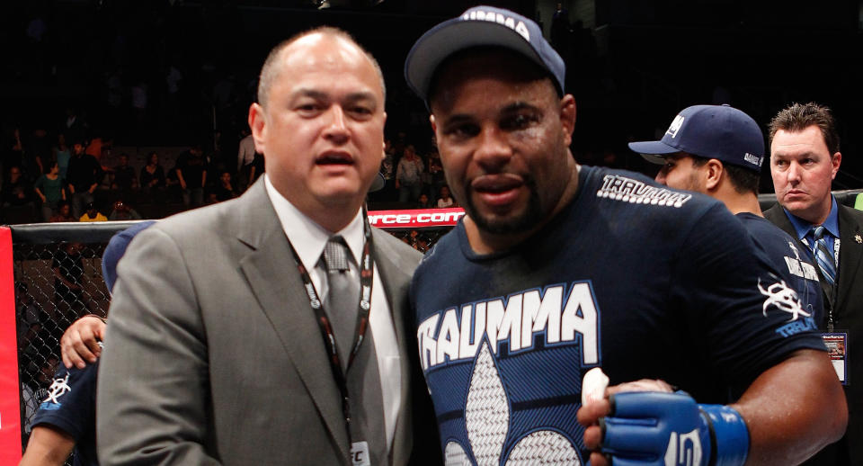 Scott Coker, the former Strikeforce CEO, shown here with Strikeforce Heavyweight Grand Prix winner Daniel Cormier on May 19, 2012, will unveil Bellator’s Welterweight Grand Prix in September. (Getty Images)