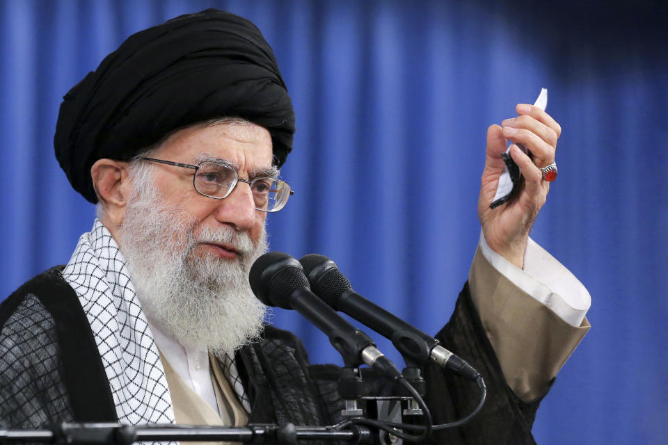 In this photo released by an official website of the office of the Iranian supreme leader, Supreme Leader Ayatollah Ali Khamenei speaks at a meeting in Tehran, Iran, Monday, Aug. 13, 2018. Khamenei said Monday he is banning any negotiations with Washington while stressing that Iran has no intentions of entering into a war with the United States. (Office of the Iranian Supreme Leader via AP)