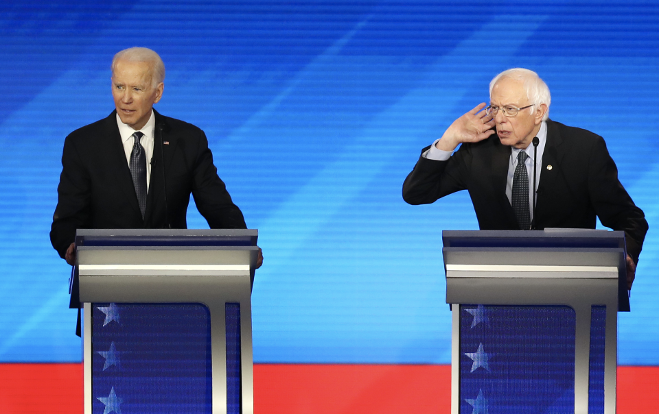 Democratic presidential candidates former Vice President Joe Biden and Sen. Bernie Sanders (I-VT) at the Democratic presidential primary debate in the Sullivan Arena at St. Anselm College on February 07, 2020 in Manchester, New Hampshire. (Photo: Joe Raedle/Getty Images)