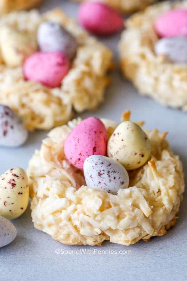 <p>Spend With Pennies</p><p>Chewy coconut cookies with candy eggs, or in the spring use a marshmallow chick!</p><p><strong>Get the recipe: <a href="https://www.spendwithpennies.com/coconut-macaroon-birds-nest-cookies/" rel="nofollow noopener" target="_blank" data-ylk="slk:Birds Nest Cookies;elm:context_link;itc:0;sec:content-canvas" class="link ">Birds Nest Cookies</a></strong></p>