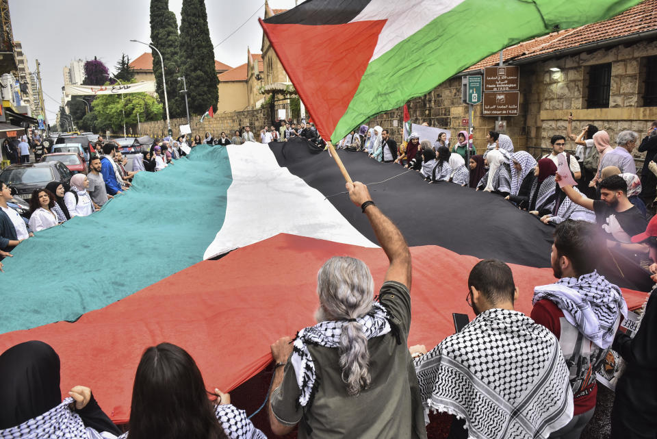 Students take part in a pro-Palestinian demonstration at the American University of Beirut, April 30, 2024, amid the ongoing conflict between Israel and the militant group Hamas in Gaza. / Credit: Fadel Itani/NurPhoto via Getty Images