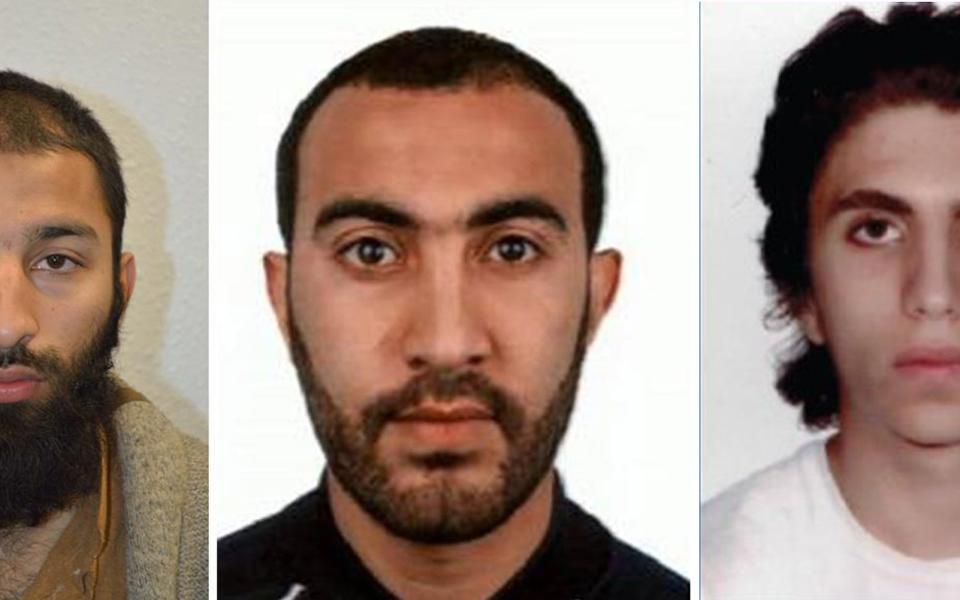 The three London attackers, left to right, Khuram Shazad Butt, Rachid Redouane and Youssef Zaghba - Credit:  LONDON METROPOLITAN POLICE/ HANDOUT