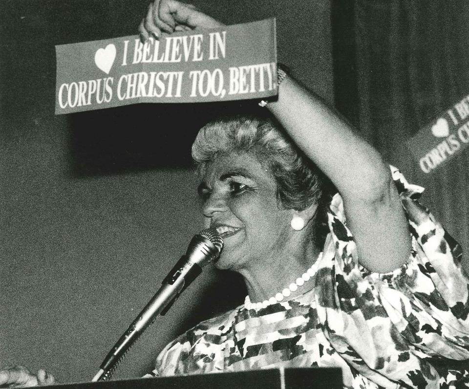 Mayor Betty Turner addresses a gathering at her election headquarters after her re-election as mayor on April 1, 1989.