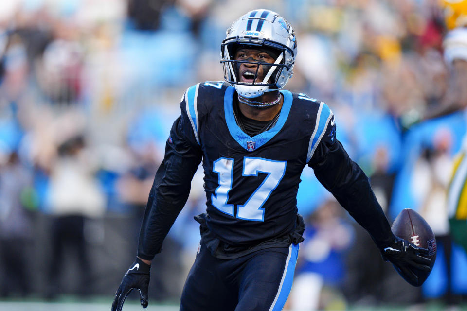 Carolina Panthers wide receiver DJ Chark Jr. celebrates after scoring against the Green Bay Packers during the second half of an NFL football game Sunday, Dec. 24, 2023, in Charlotte, N.C. (AP Photo/Jacob Kupferman)