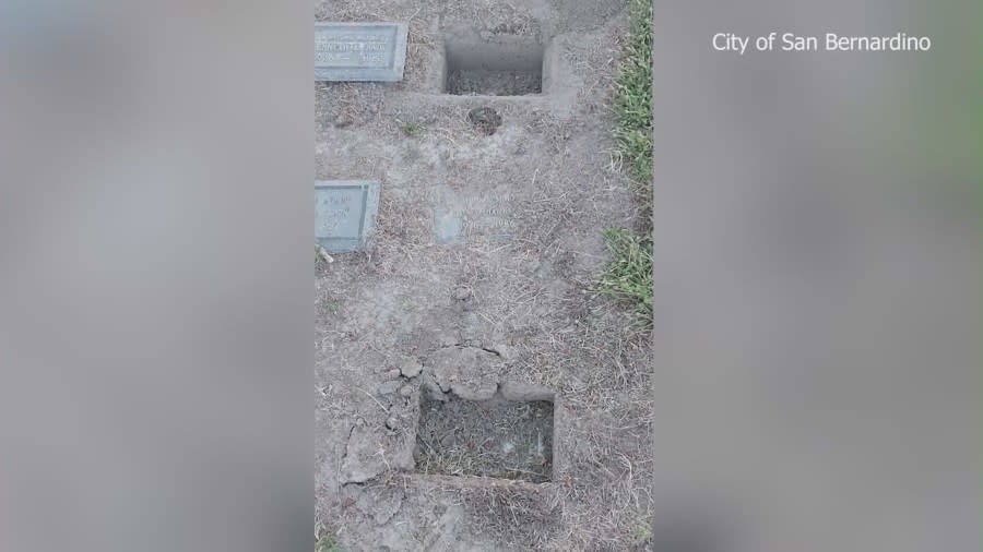 Gravesites were destroyed by vandals at Pioneer Memorial Cemetery in San Bernardino. (Medrano Family)