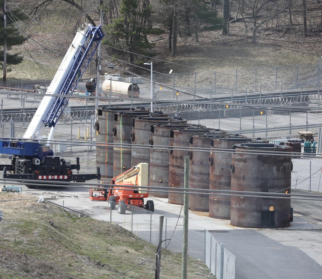 Casks holding the steam domes from Indian Point 2 and 3 are pictured at the Indian Point Energy Center in Buchanan March 28, 2023. The site is undergoing decommissioning by Holtec Decommissioning International. 