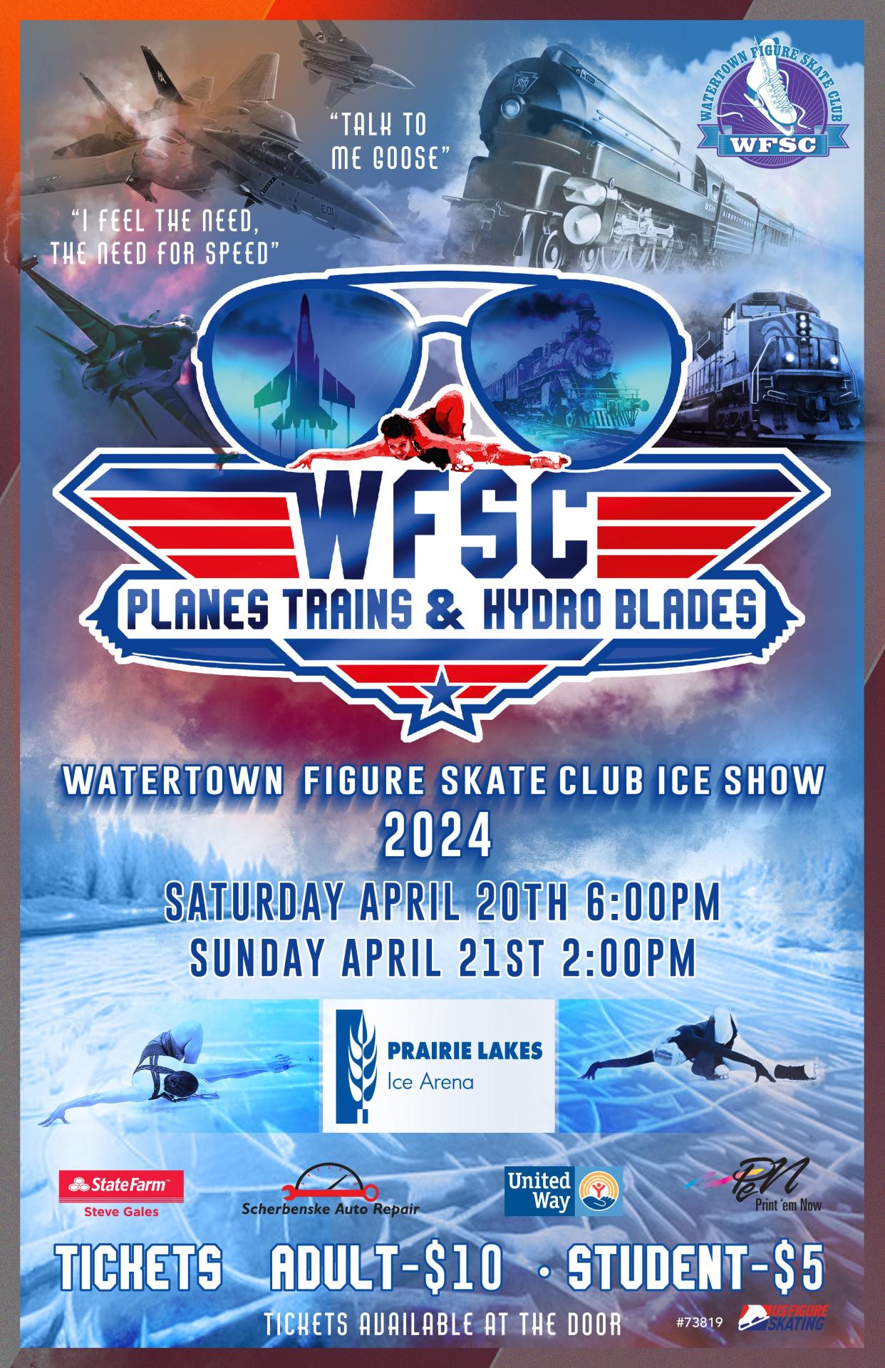 Here is the poster for the Watertown Figure Skate Club's Ice Show 2024 on Saturday and Sunday, April 20-21 in the Prairie Lakes Ice Arena.