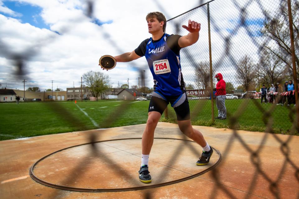 LaVille’s Michael Good competes in the discus event of the Goshen Relays Saturday, April 20, 2024 at Goshen High School.