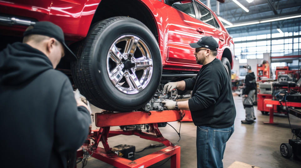 A technician installing a replacement part on a specialty vehicle, surrounded by a team of professionals.