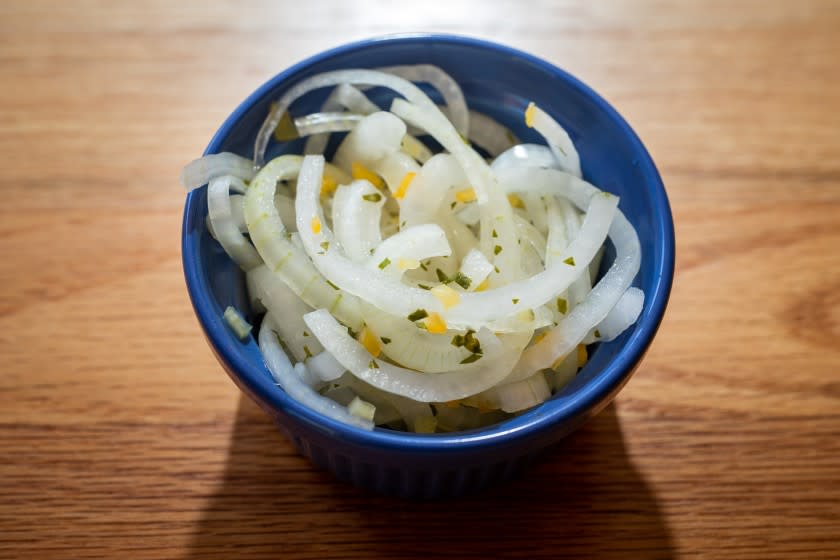 LOS ANGELES, CA - AUGUST 28: Salsa Criolla, consisting of pickled onions, which goes with a fried pork sandwich, photographed at a Los Angeles, CA, home, Friday, Aug. 28, 2020. (Jay L. Clendenin / Los Angeles Times)