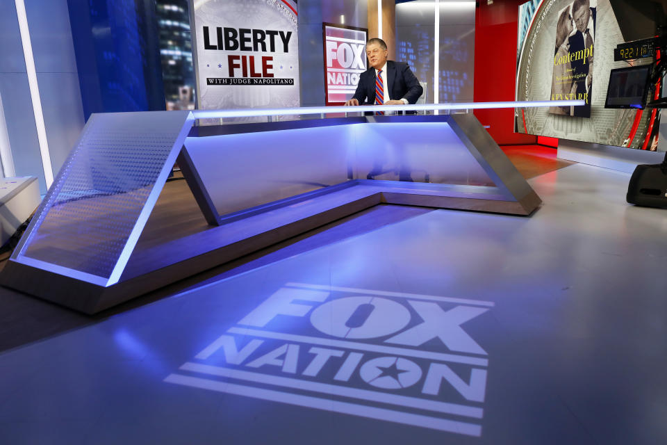 FILE - This Nov. 27, 2018 file photo shows Fox News senior judicial analyst Andrew Napolitano hosting the inaugural broadcast of "Liberty File" on the new streaming service Fox Nation, in New York. (AP Photo/Richard Drew)