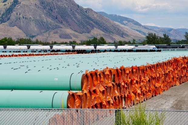 More than a thousand pieces of pipe are stockpiled at this yard in Kamloops. The Trans Mountain project would deliver oil, gasoline and diesel to B.C. and export markets in Asia and U.S. states such as Washington and California.