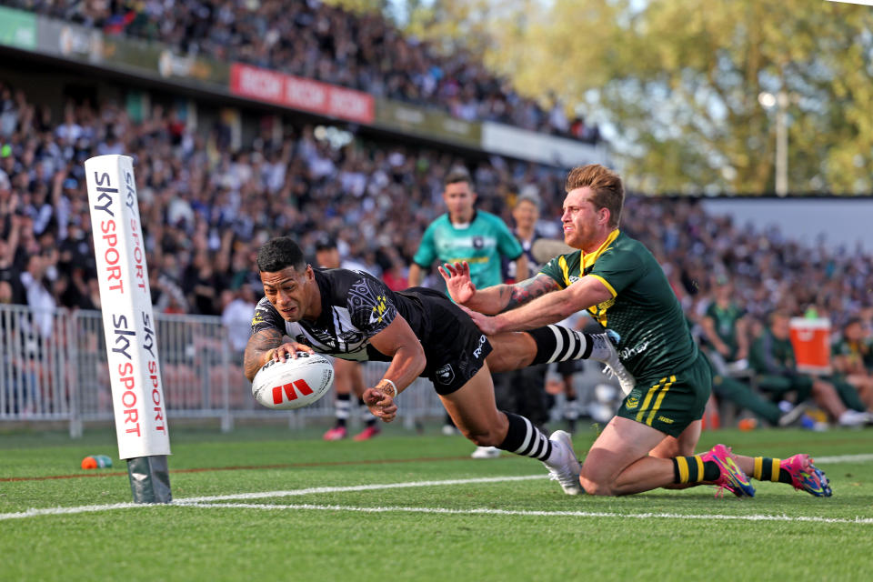 HAMILTON, NEW ZEALAND - NOVEMBER 04: Jamayne Isaako of New Zealand scores his third try during the Men's Pacific Championship Final match between Australia Kangaroos and New Zealand Kiwis at Waikato Stadium on November 04, 2023 in Hamilton, New Zealand. (Photo by Phil Walter/Getty Images)