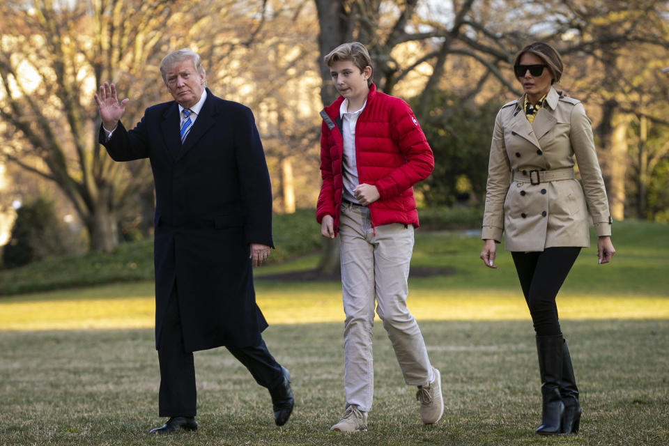 President Donald Trump, first lady Melania Trump, and their son Barron Trump, arrive on the South Lawn of the White House in March 2019 [Photo: Getty]