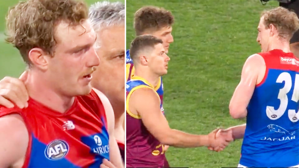 Harrison Petty, pictured here in tears after Dayne Zorko's sledge.