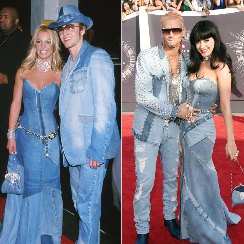 <p>Katy Perry reinvigorated Britney's classic denim patchwork dress from the 2001 American Music Awards.</p>