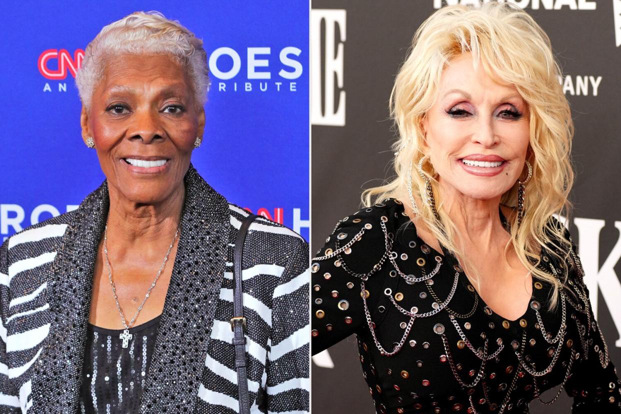 Dionne Warwick attends the 16th annual CNN Heroes: An All-Star Tribute at American Museum of Natural History on December 11, 2022 in New York City. (Photo by Randy Brooke/Getty Images); Dolly Parton attends the 37th Annual Rock & Roll Hall Of Fame Induction Ceremony at Microsoft Theater on November 05, 2022 in Los Angeles, California. (Photo by Jeff Kravitz/FilmMagic)